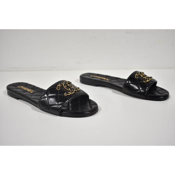 Chanel 23P Black Chain Gold CC Logo Quilted Mules Slide Sandal Slip On Flat 36.5 - Picture 3 of 12
